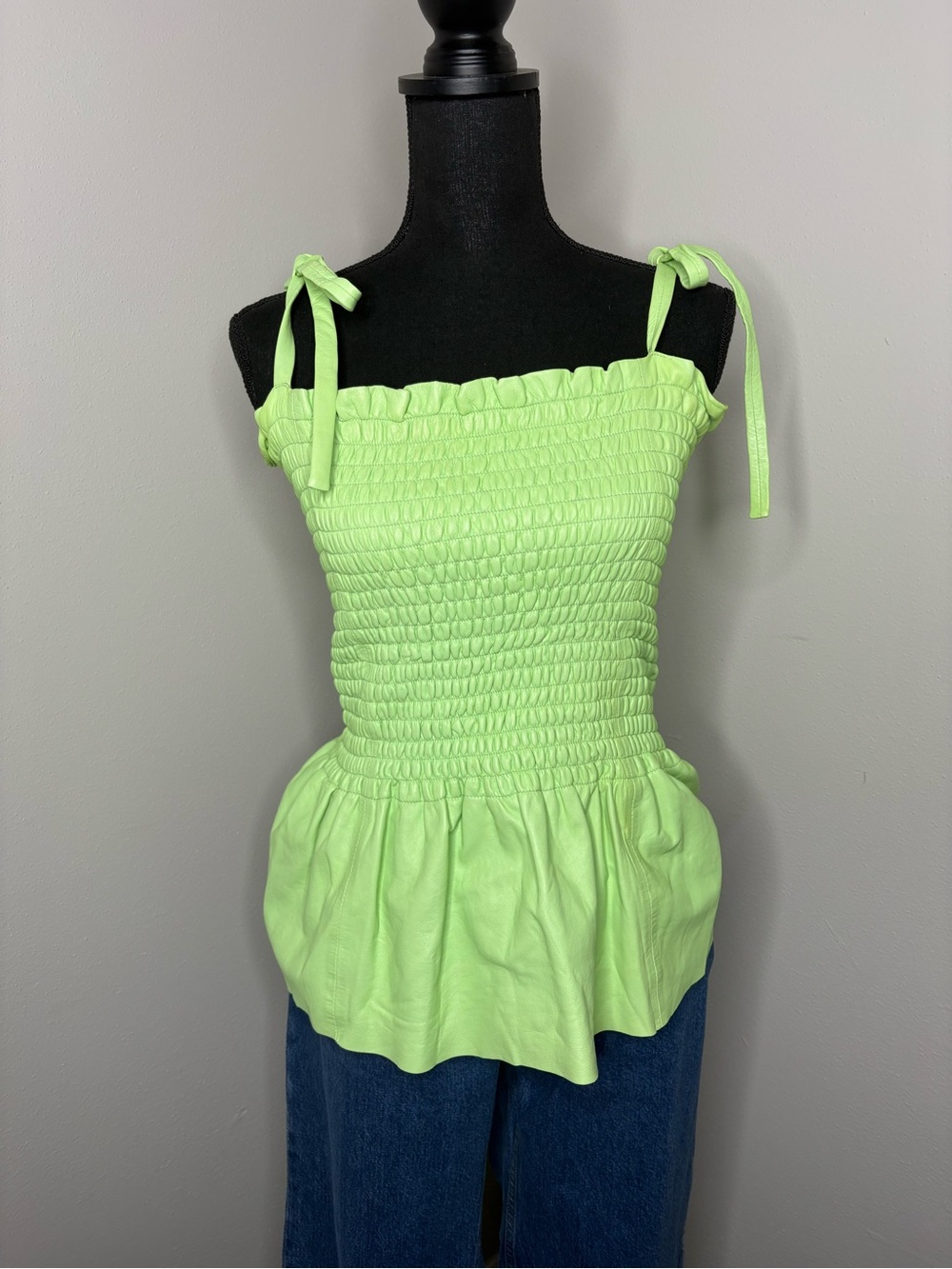 Smocked Tie-Shoulder Peplum Camisole in Lime Green
